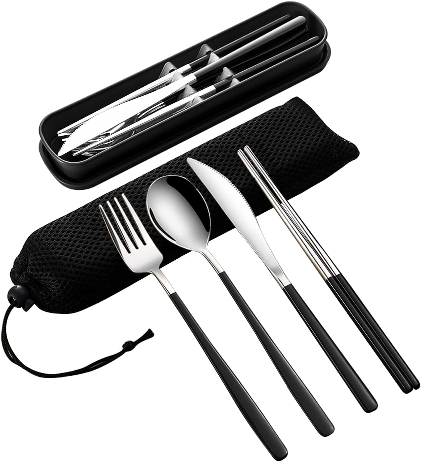 VANRA 4-Piece Portable Travel Utensils Set with Case 18/8 Stainless Steel Flatware Set Reusable Cutlery Set with Fork Spoon Knife Chopstick for Lunch Travel Camping School Work Picnic (Black)