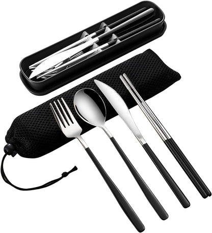 VANRA 4-Piece Portable Travel Utensils Set with Case 18/8 Stainless Steel Flatware Set Reusable Cutlery Set with Fork Spoon Knife Chopstick for Lunch Travel Camping School Work Picnic (Black)