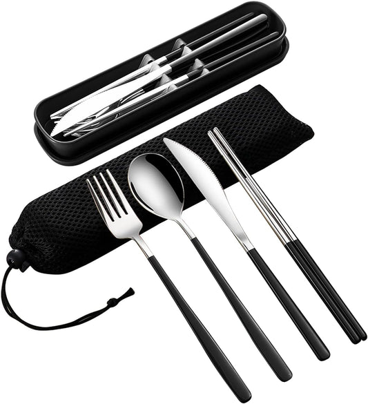 VANRA 4-Piece Portable Travel Utensils Set with Case 18/8 Stainless Steel Flatware Set Reusable Cutlery Set with Fork Spoon Knife Chopstick for Lunch Travel Camping School Work Picnic (Black)
