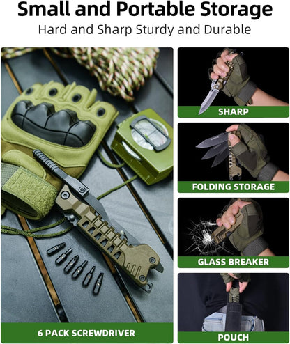 Multitool Knife, 17 in 1 Pocket Knife with Screwdriver, Fire Starter Sticks, Bottle Opener, Saw, Whistle, Nylon Sheath, EDC Gear for Survival, Camping, Hiking, Outdoor, Gifts for Dad - Desert Gray