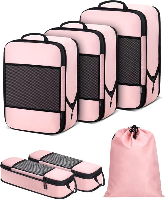 6 PCS Set Compression Packing Cubes for Travel, Lightweight Packing Organizer Bags Travel Essentials for Carry On, Suitcase, Home Closet - Pink