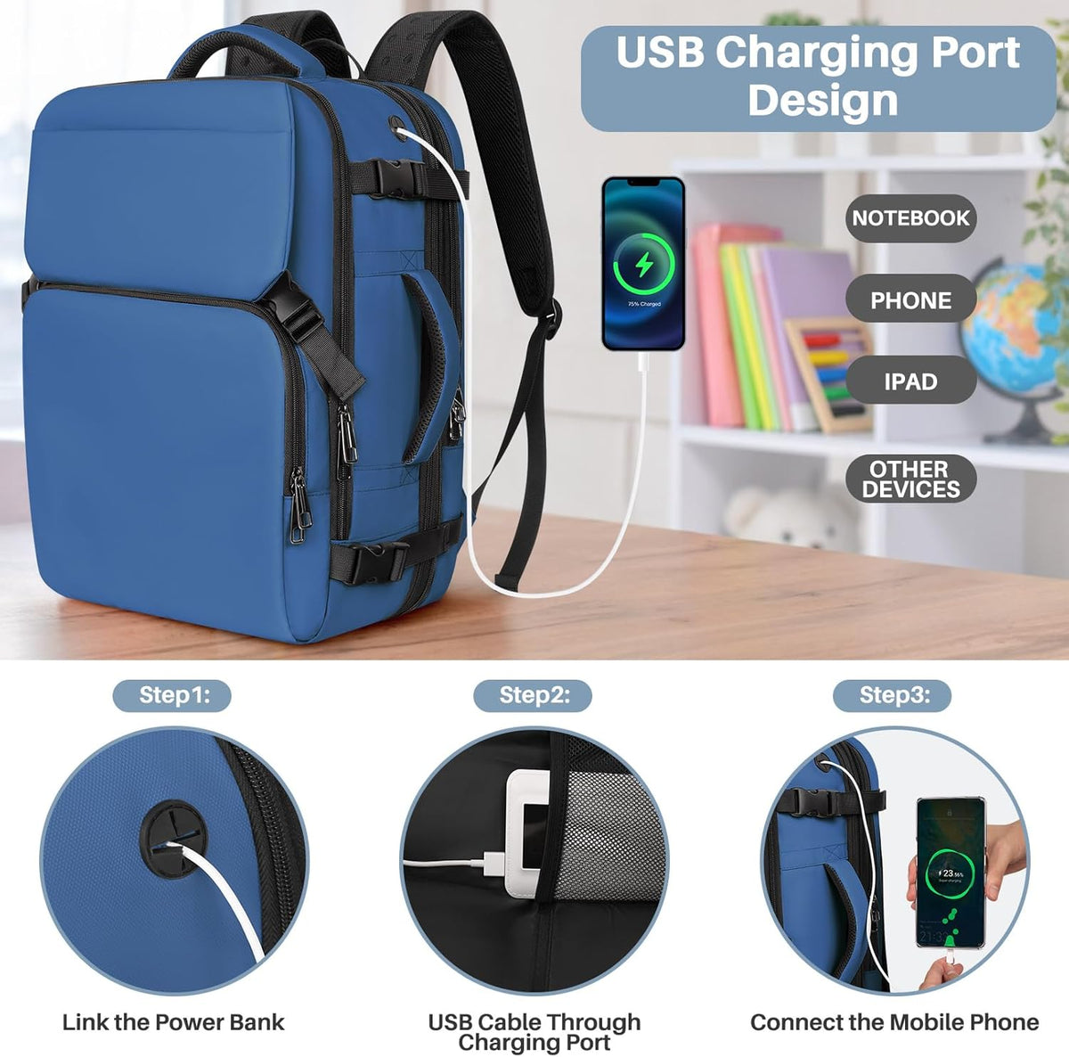 Travel Backpack Carry On Flight Approved, Lightweight Large Travel Backpack, Expandable with USB Charging Hole, Waterproof Causal Bookbag for Travel Work College Fits 17 inch Laptop, Blue