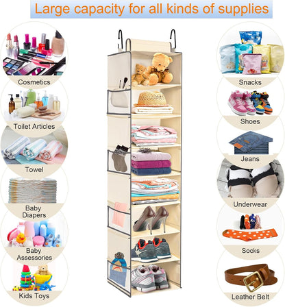 2 Pack Large-Sized Hanging Shoe Organizer 8-Shelf, Hanging Closet Organizer with 8 Side Pockets, Wider Hanging Shelves for Storage Shoes Clothes 9" W × 11.8" D× 48" H, Beige.