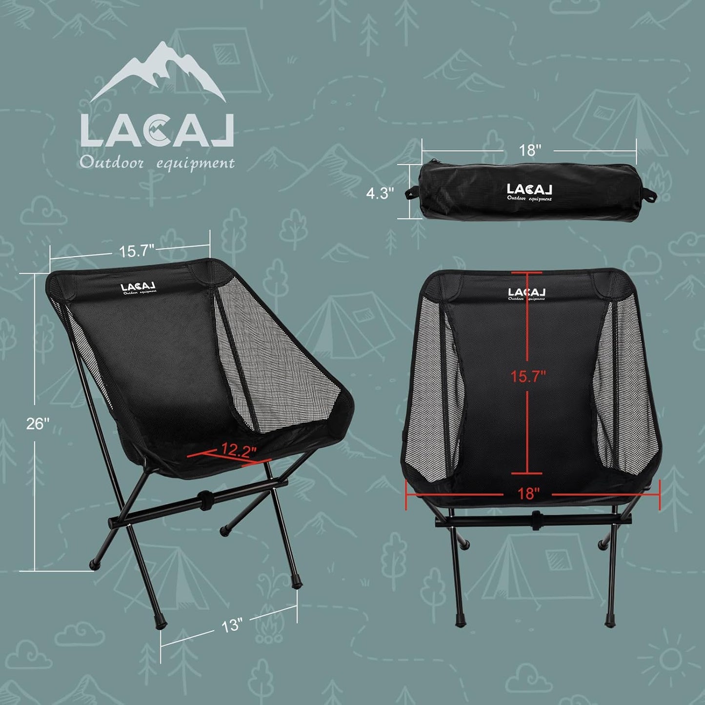 Ultra-Light Folding Camping Chair, All-Aluminum Frame, Surper Breathable Fabric, Easy to Carry, Compact Storage Size (1, Black)
