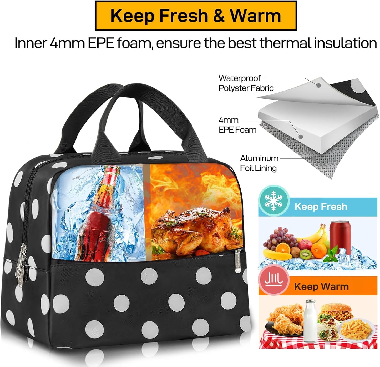 HOMESPON Insulated Lunch Bag for Women Men Lunch Box Cooler Lunch Tote for Work Picnic (Polka Dots)