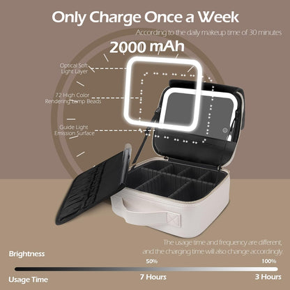 MOMIRA Travel Makeup Bag Cosmetic Bag Makeup Organizer Bag with Lighted Mirror, Adjustable Brightness in 3 Color Scenarios, Waterproof Makeup Train Case, Gift for Women - Khaki