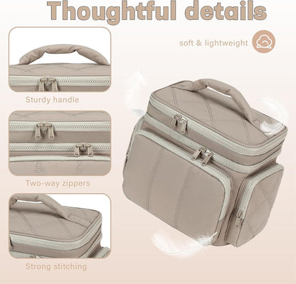 LEDAOU Toiletry Bag for Women,Quilted Travel Makeup Bag Organizer with Double Deck, Large Wide-open Cosmetic Make up Bag for Travel Essentials (Camel)