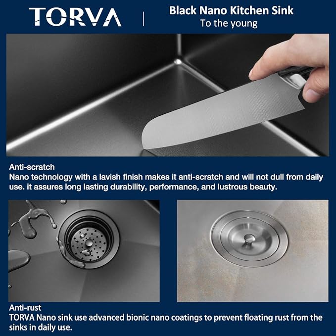 TORVA 18 x 18 Inch Gloss Black Drop-in Topmount Kitchen Sink - Image 6