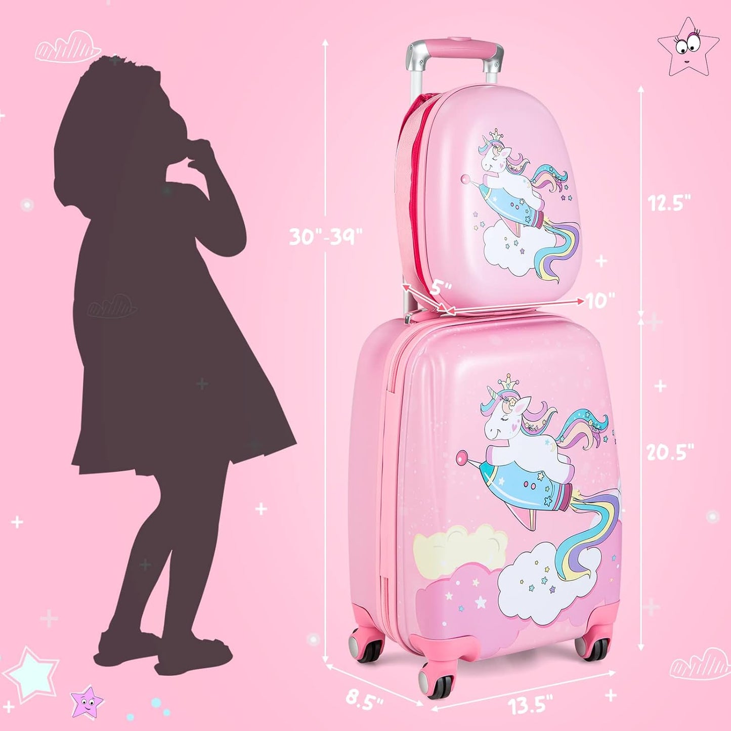 HONEY JOY Kids Luggage, 12" Toddler Backpack & 18" Travel Suitcase with Wheels, Lightweight Toddler Girls Suitcase, Durable ABS Hardshell, 2Pcs Carry On Luggage Set for Boys Girls