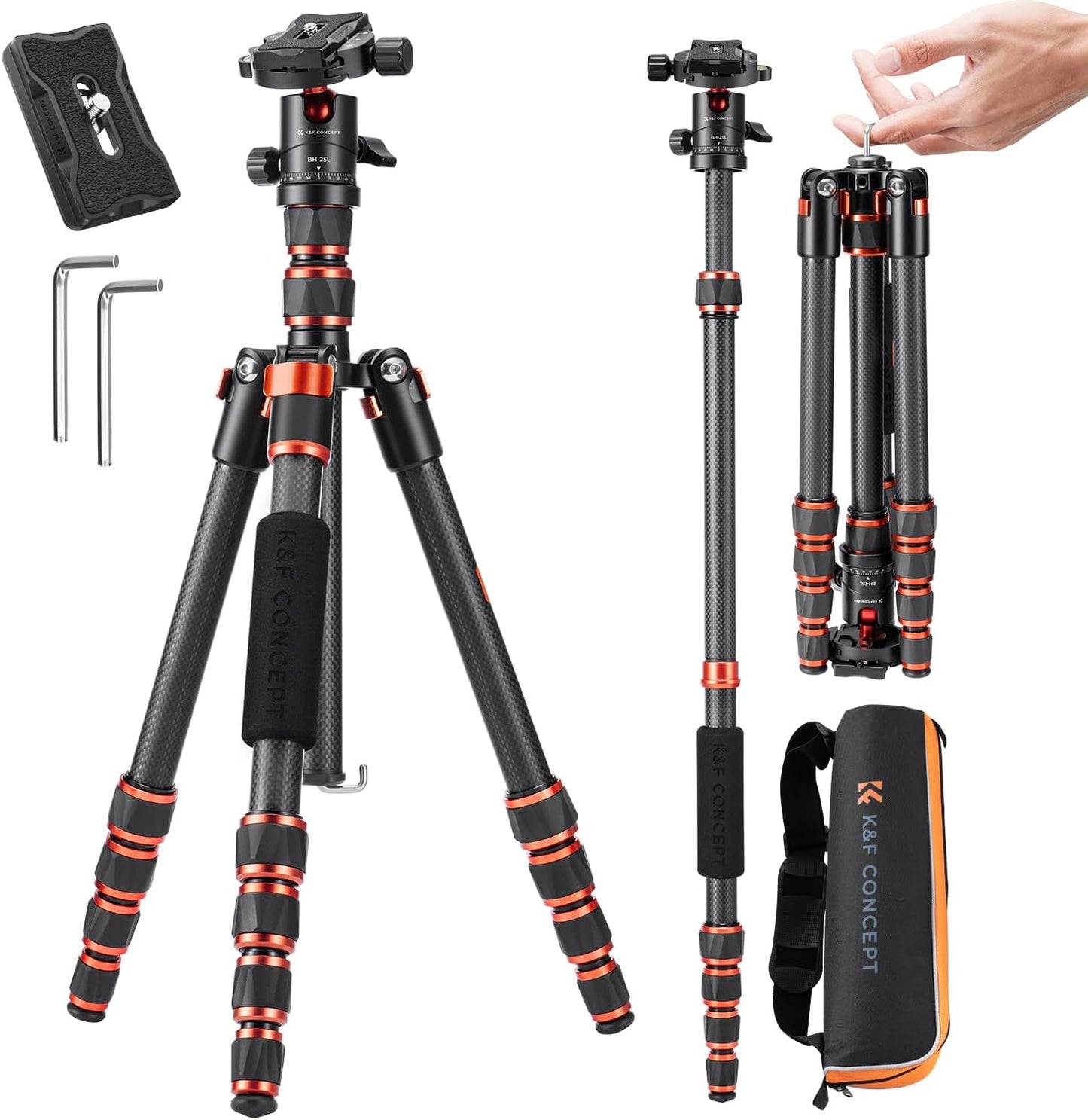 K&F Concept 60 inch Carbon Fiber Camera Tripod,Super Lightweight Compact Travel Tripod with 360 Degree Ball Head,Quick Release Plate, Detachable Monopod, 17 lb Load Capacity for SLR DSLR, A225C0+BH25L