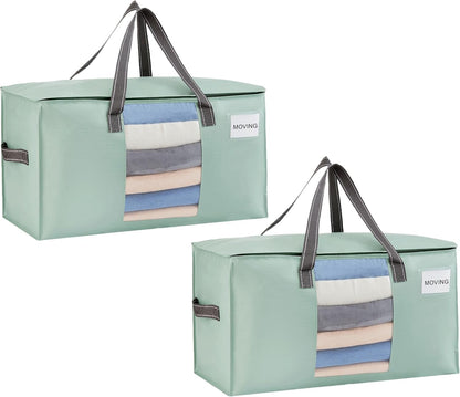VENO 2 Pack Moving Bags, Comforter and Blanket Storage Bags for Closet, Moving Boxes, Boxes with Lids Alternative, College Dorm Packing Supplies, Foldable Heavy-Duty Tote (Light Green Matte, 2 Pack)