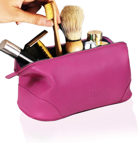 HLC Leather Toiletry Bag for Men - Best Gift for Men - Premium Genuine Leather Dopp Kit Shaving Kit Organizer Travel Kit Pouch Bag for Men - Large Size (pink)