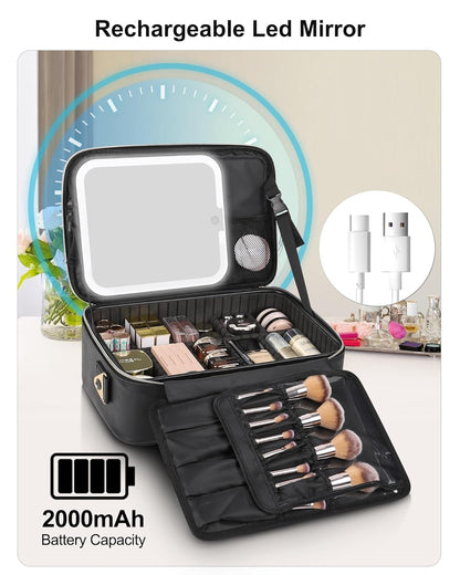 Relavel Makeup Train Case With LED Mirror, Professional Travel Cosmetic Bag with Removable Partitions,Compact Makeup Organizer, Waterproof Toiletry Case for Women, Black