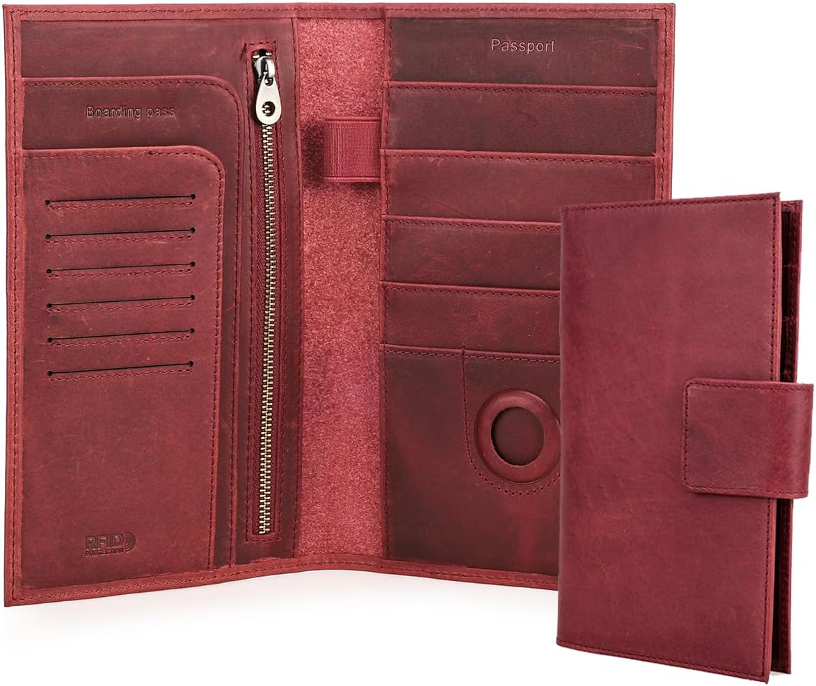 CONTACTS Full Grain Leather Family Passport Holder for 4 Womens Airtag Passport Wallet RFID Blocking Travel Passport Cover with 4 Passport Slot, 6 Card Slot (Red)