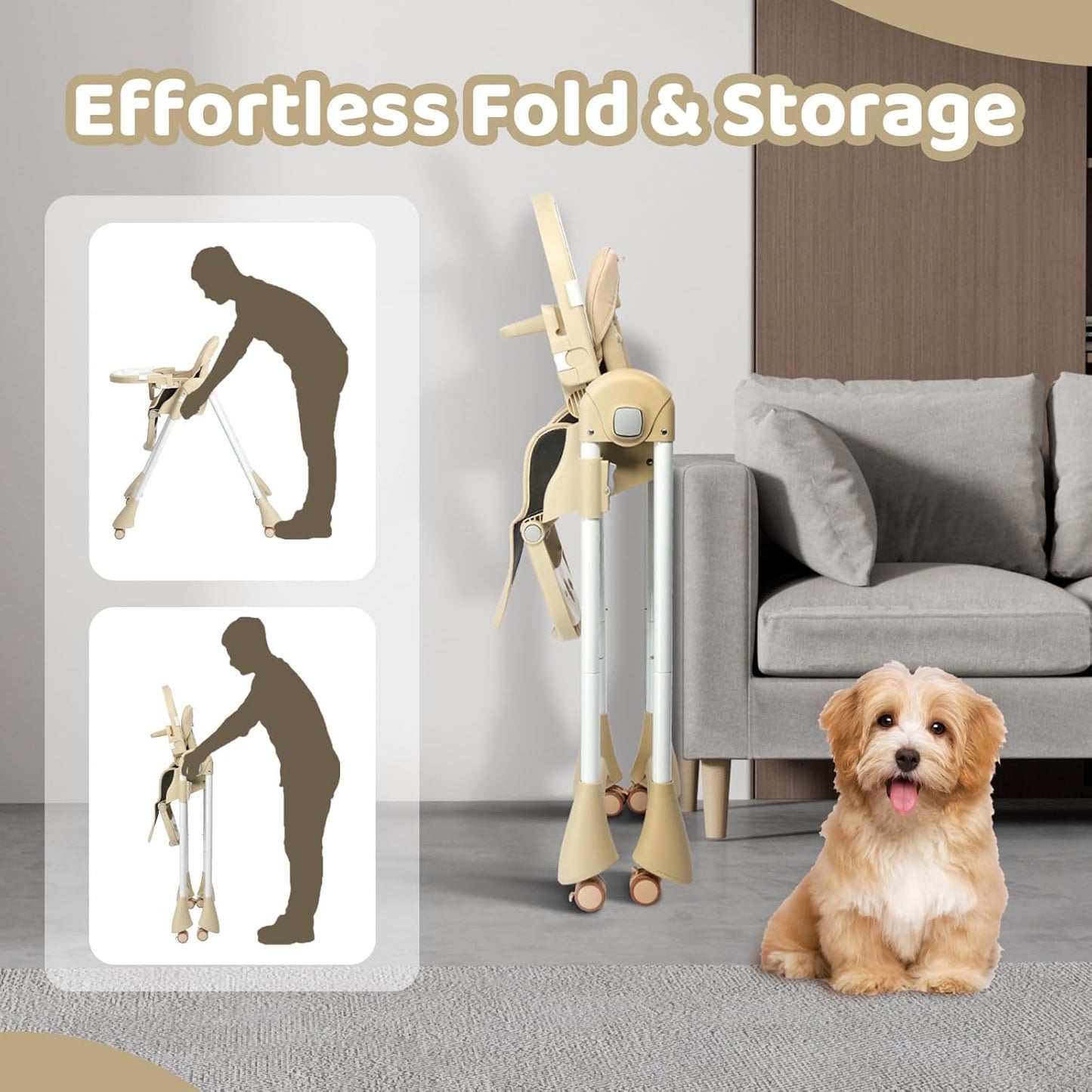 JOYMOR Foldable Baby High Chair, 4 in 1 Convertible Highchair for Eating, Height Adjustble and Multiple Recline, Compact Foldable Design for Easy Storage (Beige)