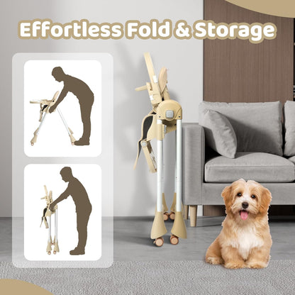 JOYMOR Foldable Baby High Chair, 4 in 1 Convertible Highchair for Eating, Height Adjustble and Multiple Recline, Compact Foldable Design for Easy Storage (Beige)