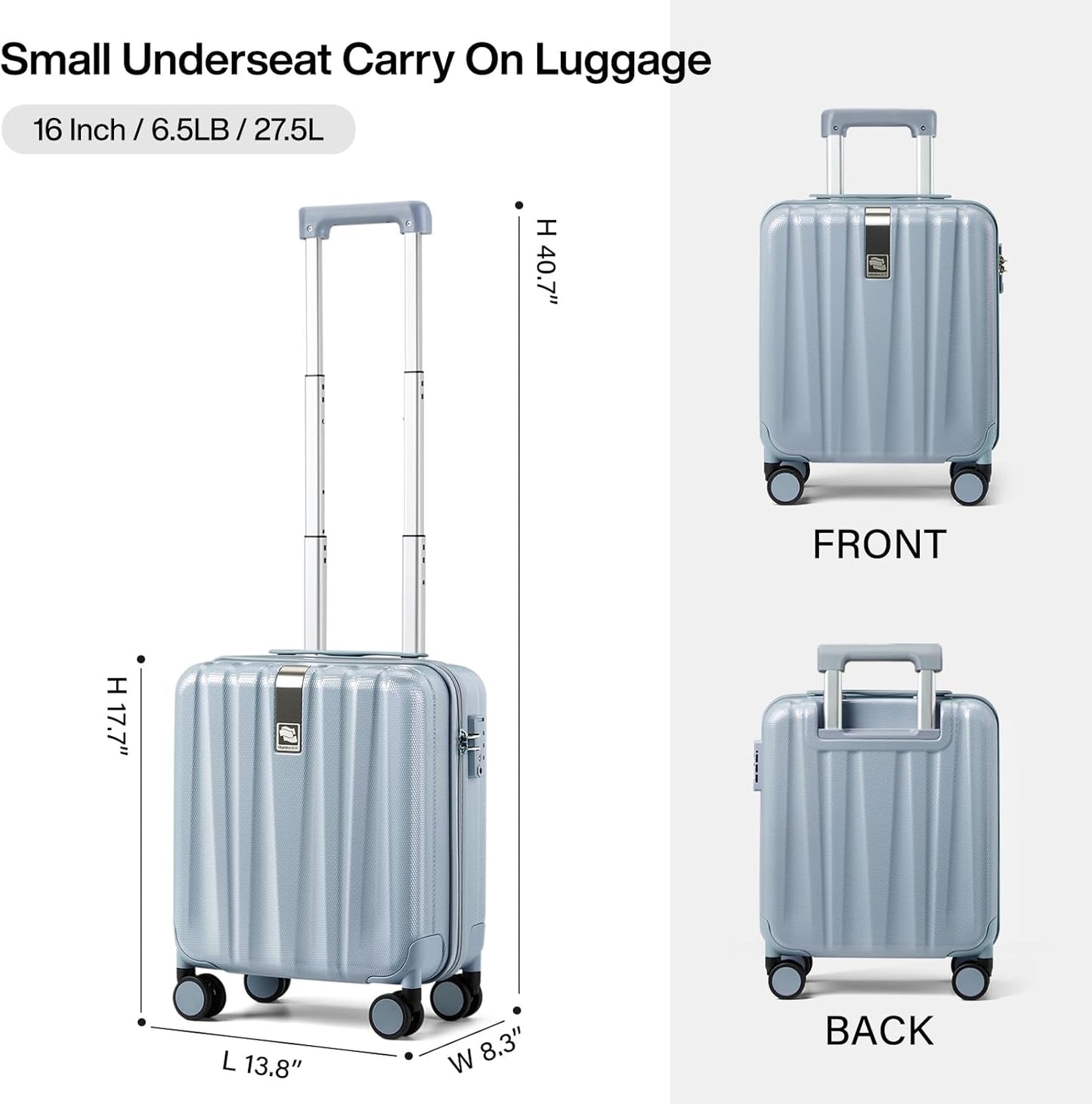 Hanke 16 inch Underseat Carry on Suitcases with Wheels,Lightweight Hard Shell Carry on Luggage with Wheels for Weekender,Travel Approved Small Suitcase,Travel Luggage for Womem Men,Gray.