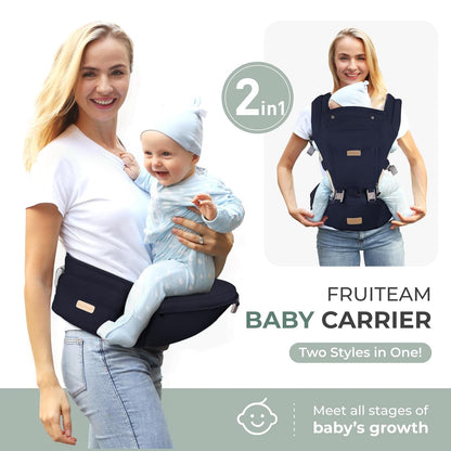 FRUITEAM Baby Carrier Newborn to Toddler, 6-in-1 Ergonomic & Adjustable Baby Carrier with Lumbar Support for All Seasons, Hands-Free, Adapt to Newborn, Infant & Toddler (Navy)