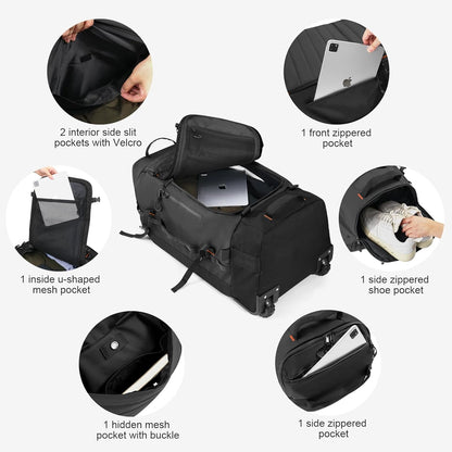 Vomgomfom 86L Collapsible Wheeled Luggage with Removable Backpack Straps,Waterproof Rolling Duffle Bag with Quilted Base,No Telescope Handle,Black