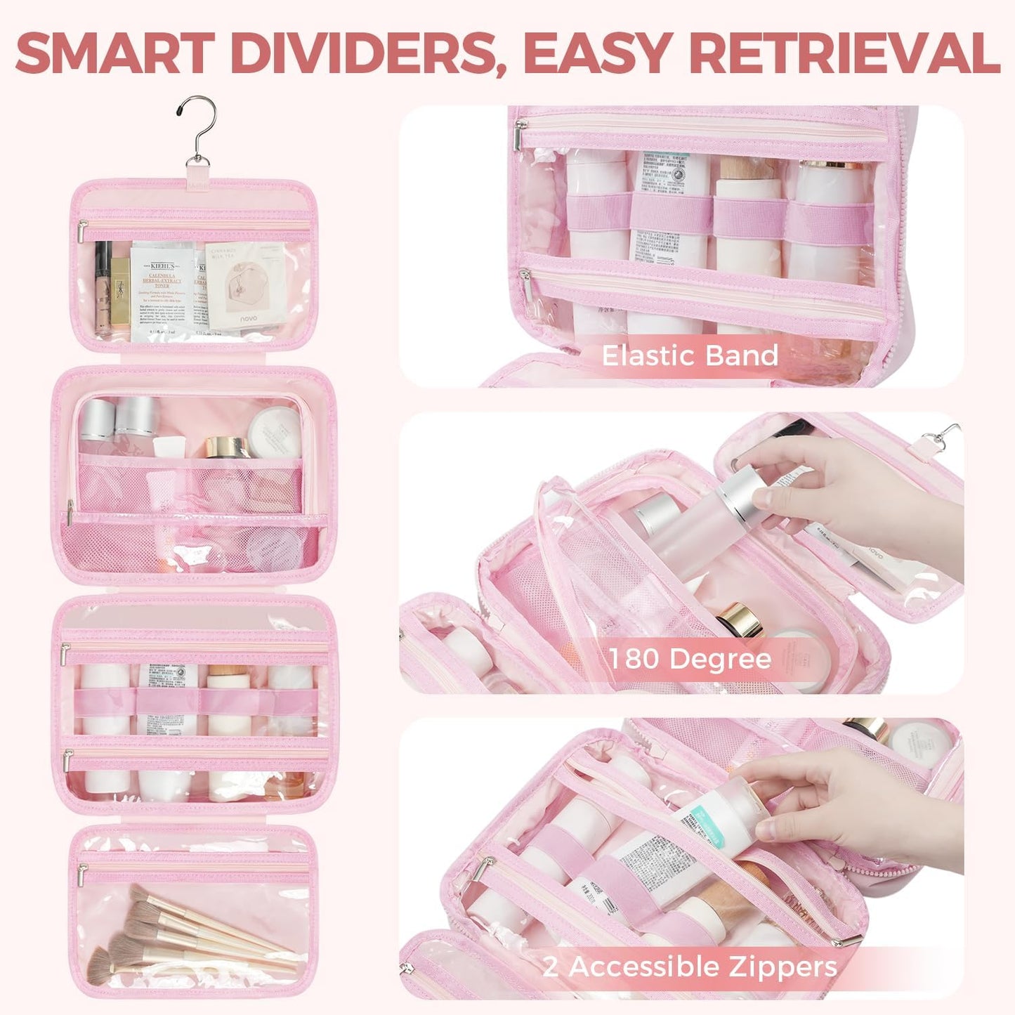 Toiletry Bag For women,Portable Hanging Organizer,4 Leakproof Compartment for full-sized Conditioner, Brushes Set, Makeup Accessories,Visible and easy to access.M-pink