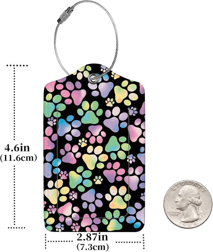 2 Pcs Luggage Tags for Suitcase, Cute Unique PU Leather Travel Bag Tag with Privacy Cover ID Label Address Card and Durable Metal Ring Suitable for Men Women Children Backpack,Colorful Dog Paw Prints
