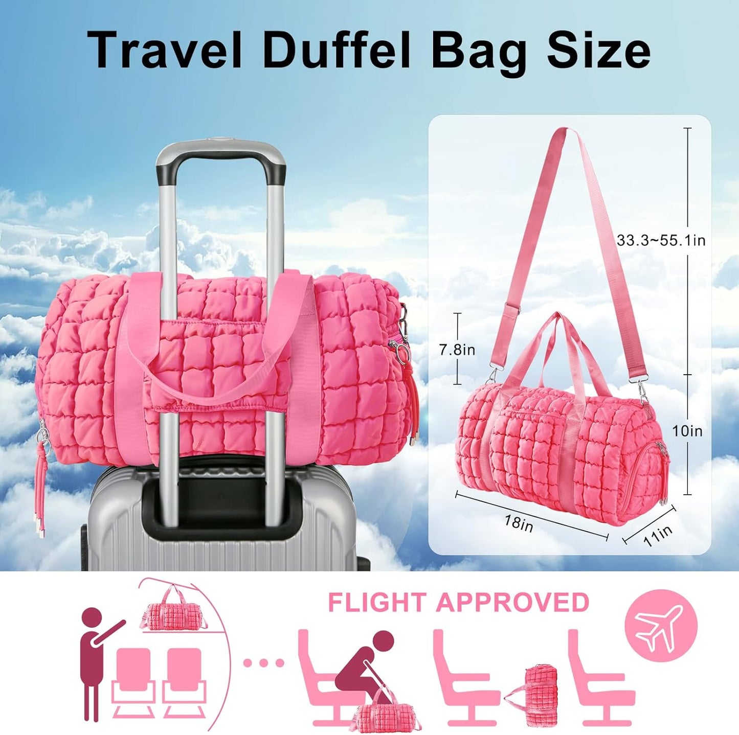Quilted Travel Duffle Bag Gym Bag for Women,Large Puffer Duffle Weekender Bag with Compartment,Workout Overnight Carry on Organizer Bag Duffle Bag for Airplane Travel(Pink)