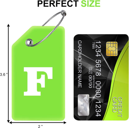 8 Pcs Luggage Tags for Suitcases, 26 Initial Letter Travel Luggage Baggage Identification Labels ID Tags Fully Bendable Tags with Stainless Steel Loop (Letter F, Green)