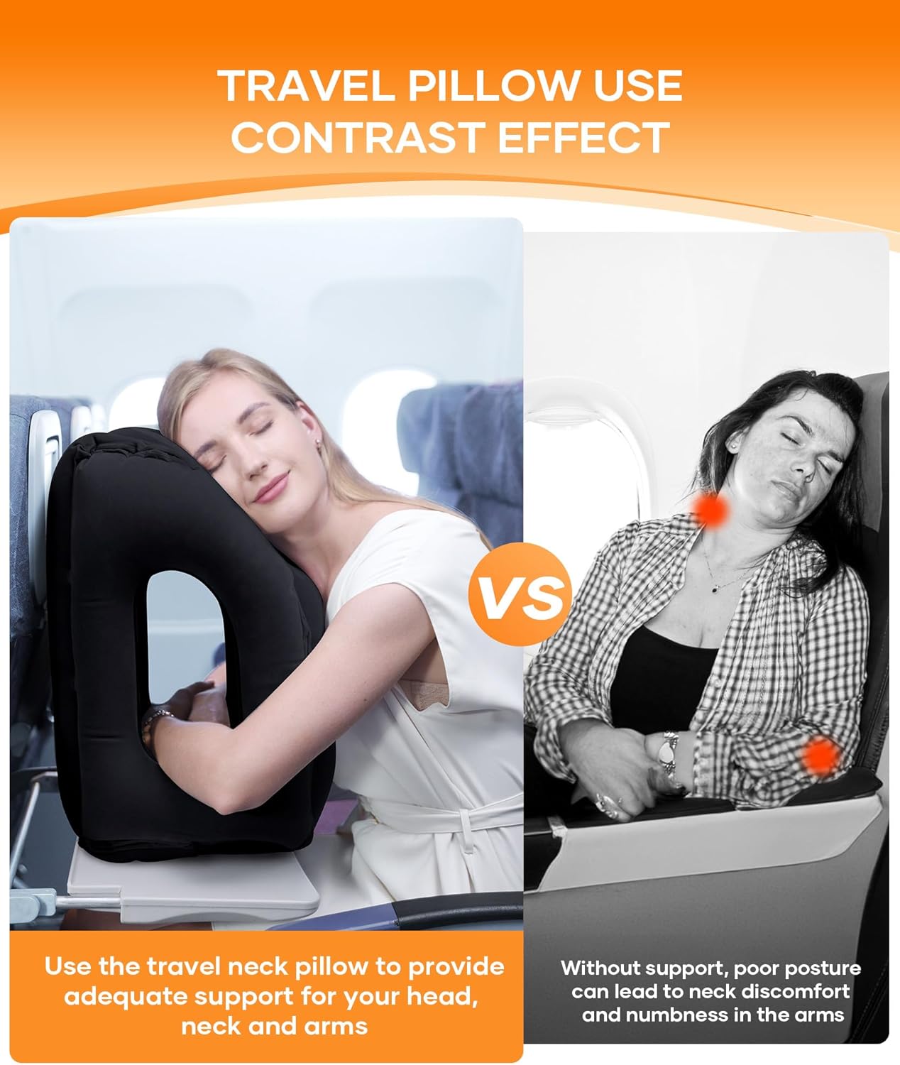 Sunany Travel Pillow, Upgraded Plane Pillow for Long Flights, Inflatable Neck Pillow Used for Airplanes,Cars,Buses,Trains,Office Napping with Eye Mask,Earplugs (Black)