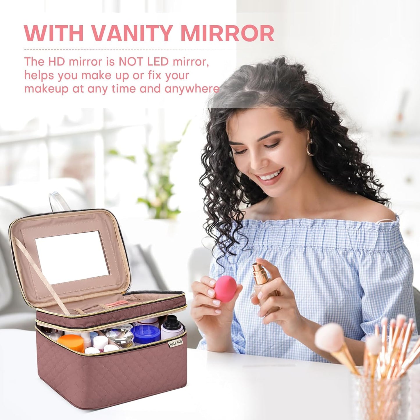 Large Makeup Bag with Mirror Double Layer Travel Make Up Organizer Case, Large Capacity Coemetic Bag with Brush Slot Divider