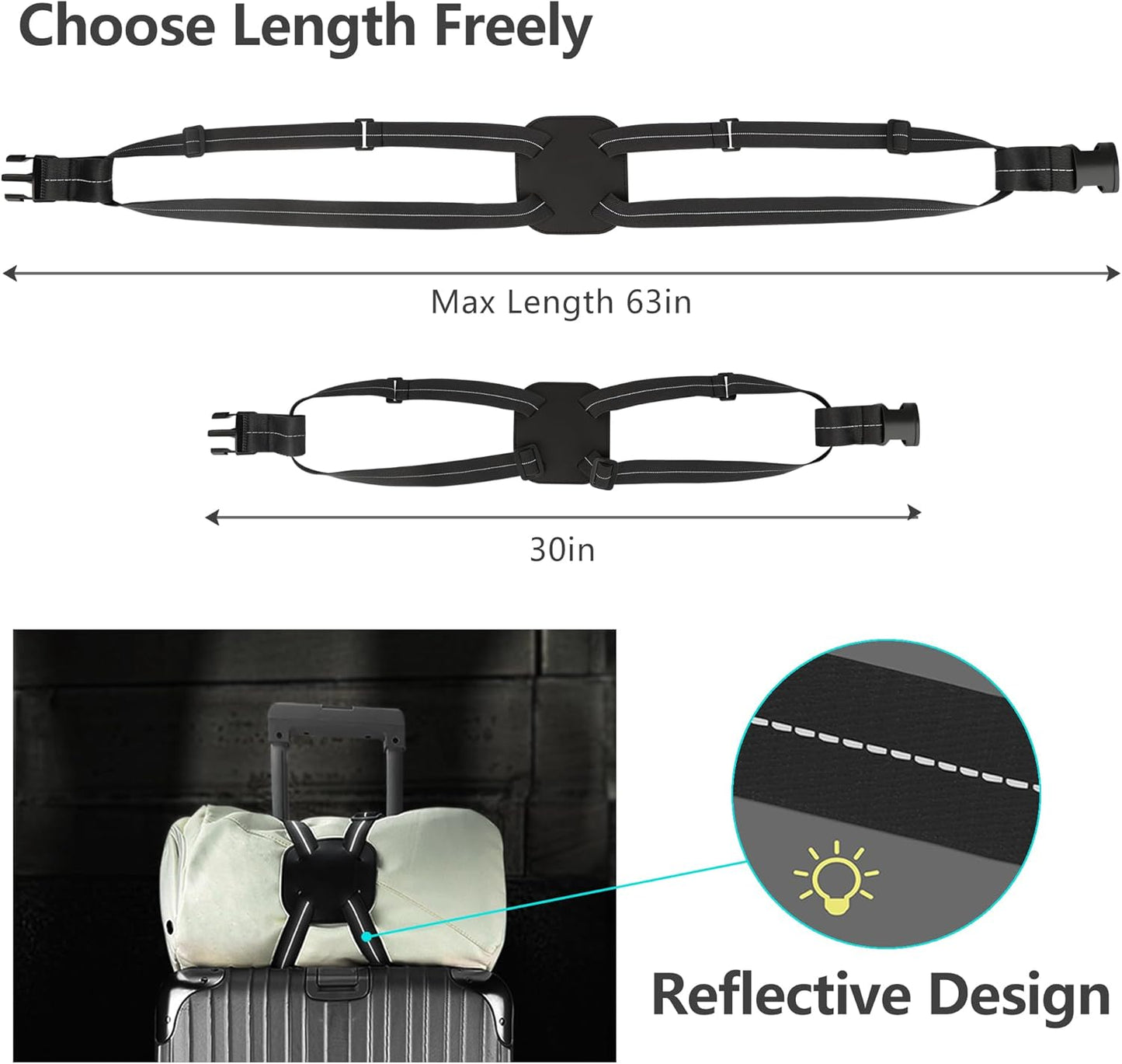 Luggage Bungee Straps for Attaching Bags - 2 Pack Adjustable Elastic Luggage Straps with Buckle, Black Luggage Strap for Suitcases Handle Carry on Add Bag, Backpack, Purse, Roller Bags, Handbag