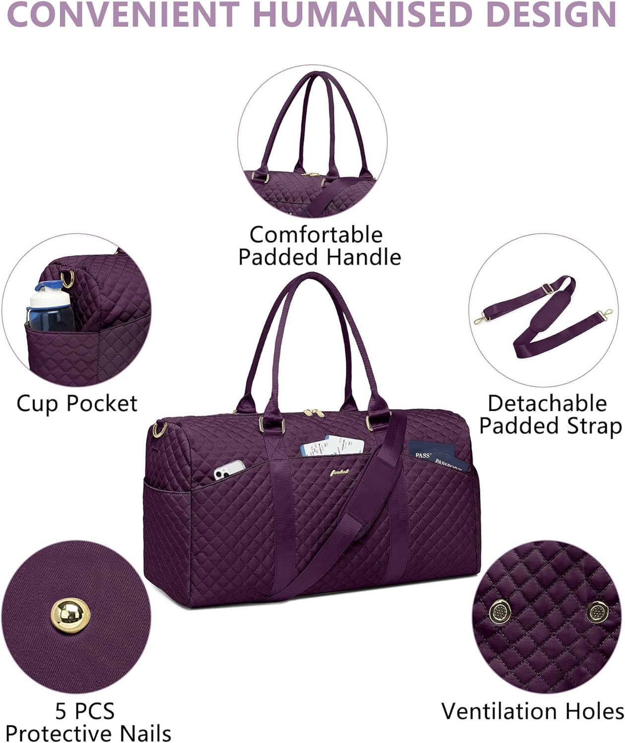 Women Duffle Weekender Travel Bag: Large Duffel Bags with Shoe Compartment Carry On Overnight Tote Bag with Wet Pocket Toiletry Bags Weekend Gym Yoga Hospital Bag for Womens Dark Purple 3Pcs Set