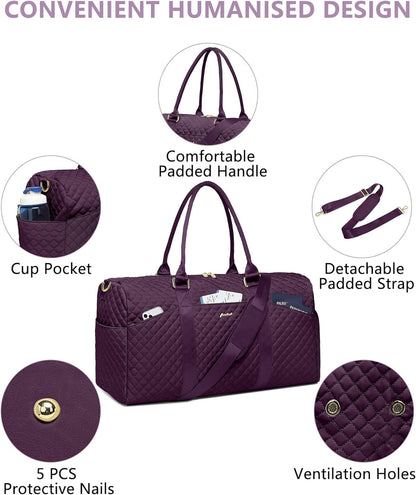 Women Duffle Weekender Travel Bag: Large Duffel Bags with Shoe Compartment Carry On Overnight Tote Bag with Wet Pocket Toiletry Bags Weekend Gym Yoga Hospital Bag for Womens Dark Purple 3Pcs Set