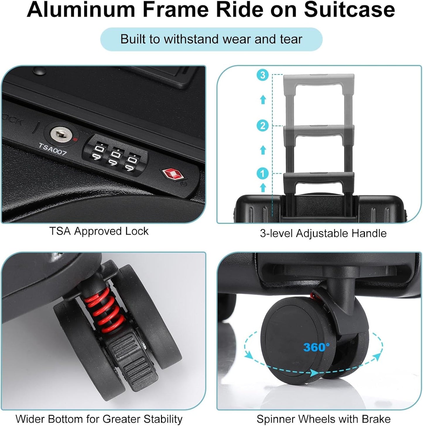 20 Inch Ride on Luggage with Seat for Kids Top Opening Aluminum Frame Suitcase with Spinner Wheels Locks for Travel(Black)