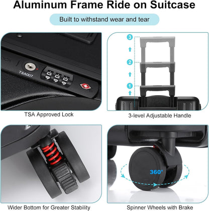 20 Inch Ride on Luggage with Seat for Kids Top Opening Aluminum Frame Suitcase with Spinner Wheels Locks for Travel(Black)