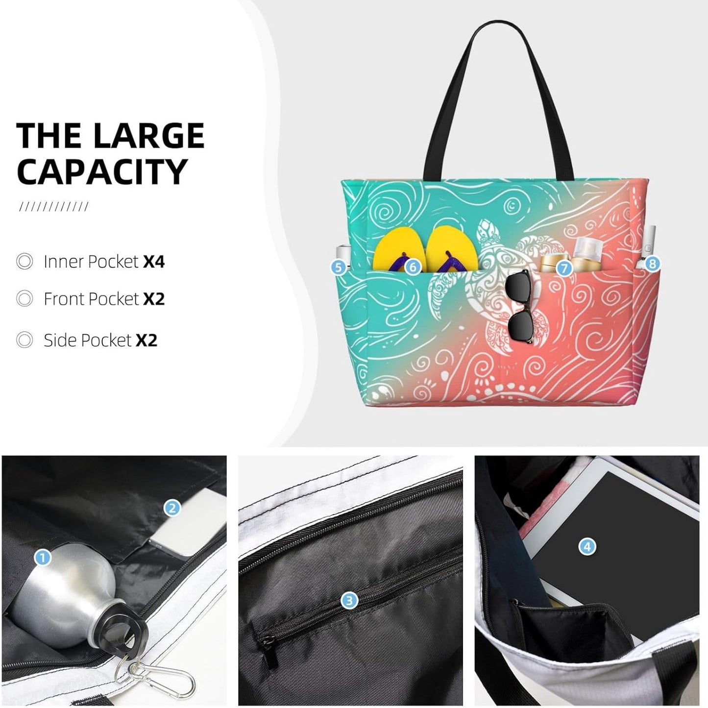 Beach Bag for Women Beach Tote Bag Waterproof Sandproof Large Bags with Zipper Big Capacity for Vacation Travel