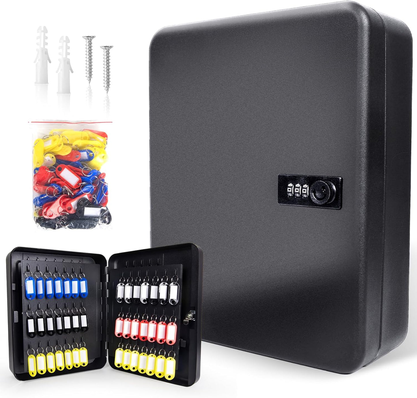 72 Position Key Cabinet with Combination Lock Wall Mount, Black Steel Locking Key Organizer Safe Security Storage Lockbox Holder for Valets, with Colorful Key Tag Labels Stickers and Hooks