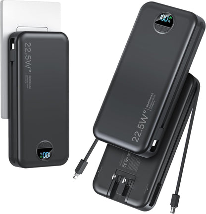 20000mAh Ultra-Portable-Charger-Power-Bank with Built in Cables&AC Wall Plug,PD20W USB-C Fast Charging Cell Phone Charger Battery Pack,LED Display Travel Battery Bank for All iPhone,Samsung,Android