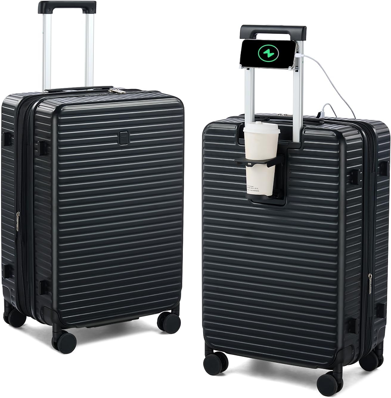 Hard Shell Suitcases Travel Expandable Luggage, 24 Inch Check in Luggage with Spinner Wheels Cup Holder Charger Built in, Checked Medium Suitcase Lightweight Suitcases, Black