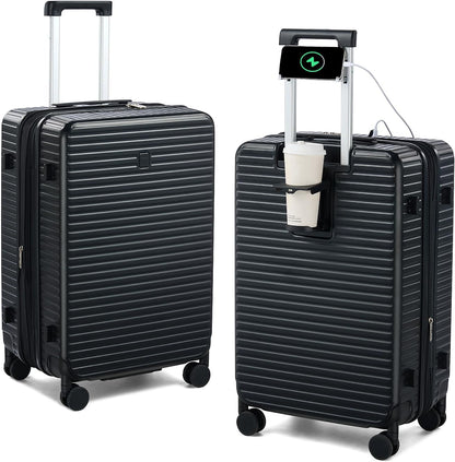 Hard Shell Suitcases Travel Expandable Luggage, 24 Inch Check in Luggage with Spinner Wheels Cup Holder Charger Built in, Checked Medium Suitcase Lightweight Suitcases, Black