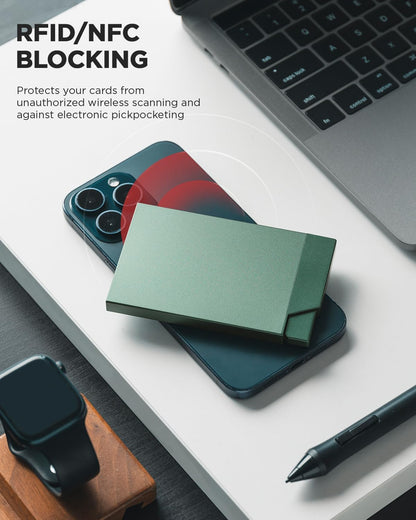 VULKIT Pop up Card Holder Minimalist Credit Card Holder RFID Blocking Slim Metal Card Case for Men or Women(Midnight Green)