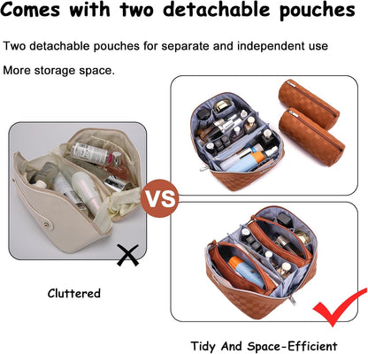 Travel Makeup Bag Organizer Cosmetic Bag: 3 Pcs Set Make up Bags for Women with Handle - Waterproof Vegan Leather Toiletry Bags with Comparments (C-10-Brown)