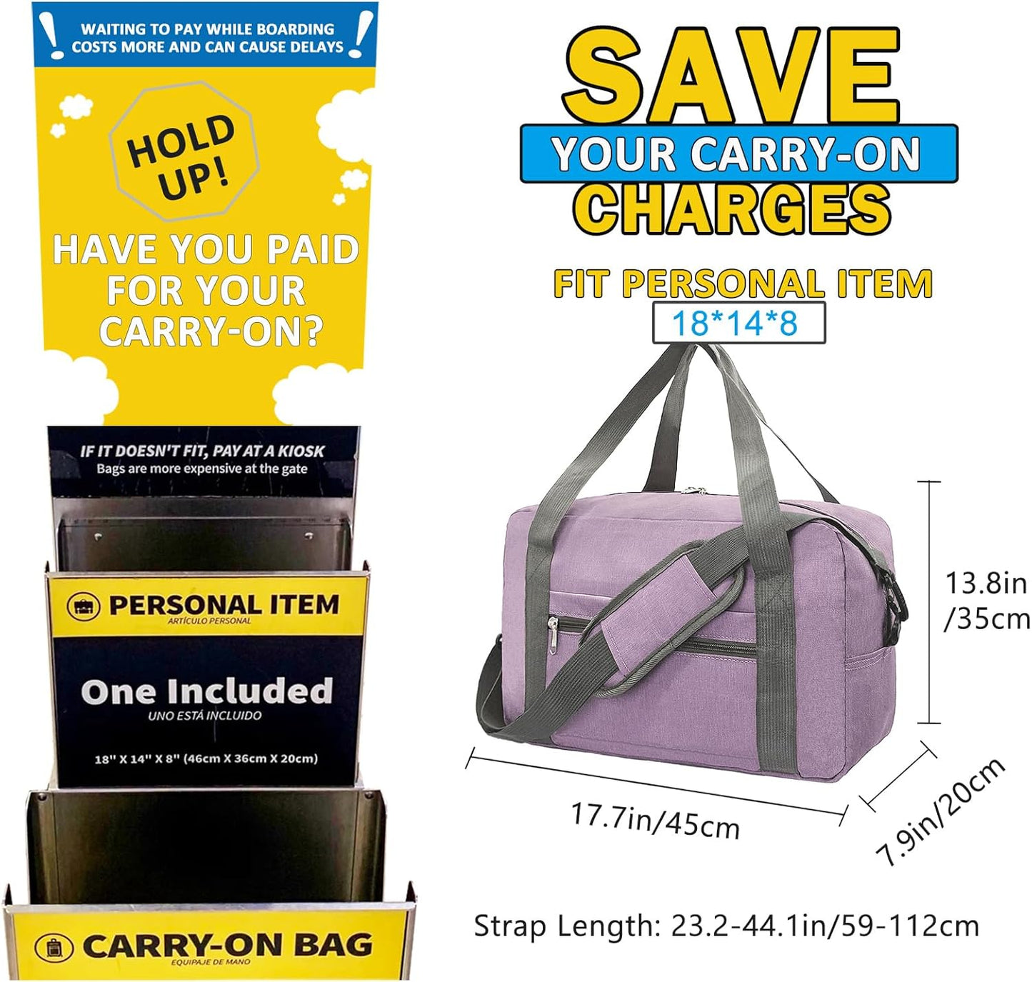 For Spirit Airlines Personal Item Bag 18x14x8 in Underseat Carry-on Luggage foldable Travel Duffle Bag for Airplanes(30L, Purple)