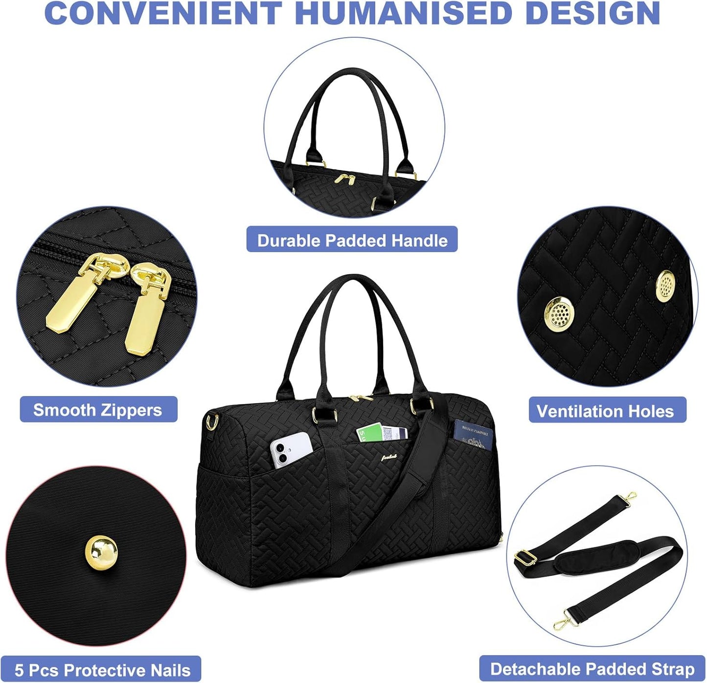 Women Duffle Weekender Travel Bag: Large Duffel Bags with Shoe Compartment Carry On Overnight Tote Bag with Wet Pocket Toiletry Bag Traveling Weekend Gym Yoga Hospital Bags for Labor & Delivery Black