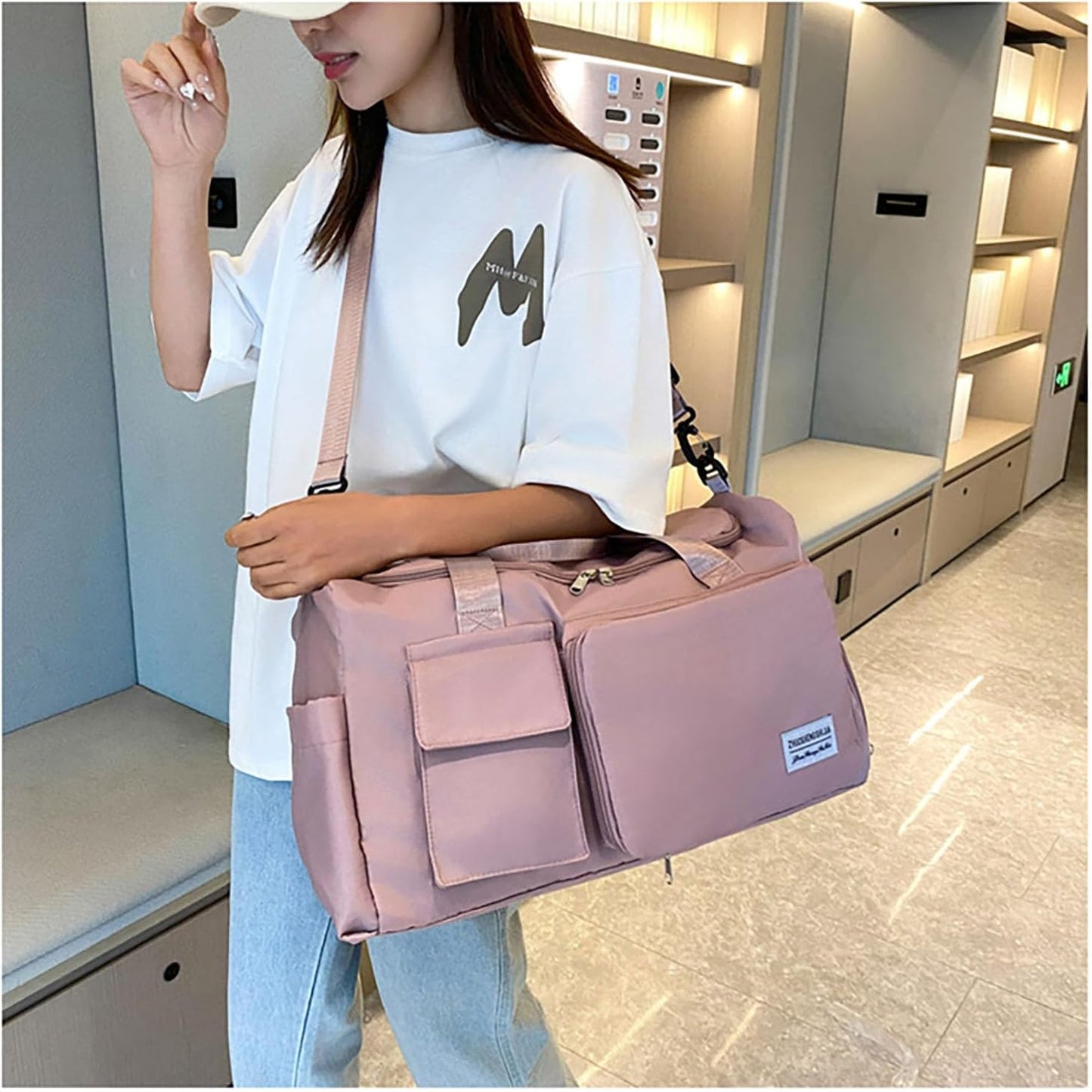 Multipurpose 20L Foldable Duffel Bag Gym Yoga Bag Carry-On Shopping Sack Travel Organizer Cabin Bag Sundry Package Wet&Dry Compartment (Pink)