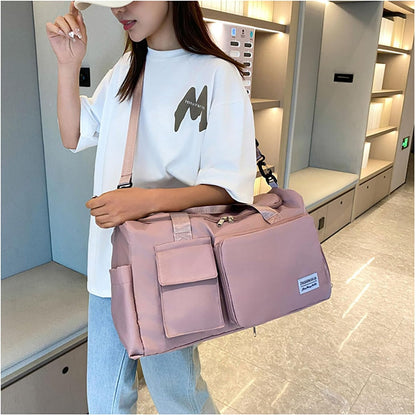 Multipurpose 20L Foldable Duffel Bag Gym Yoga Bag Carry-On Shopping Sack Travel Organizer Cabin Bag Sundry Package Wet&Dry Compartment (Pink)