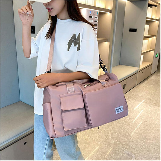 Multipurpose 20L Foldable Duffel Bag Gym Yoga Bag Carry-On Shopping Sack Travel Organizer Cabin Bag Sundry Package Wet&Dry Compartment (Pink)