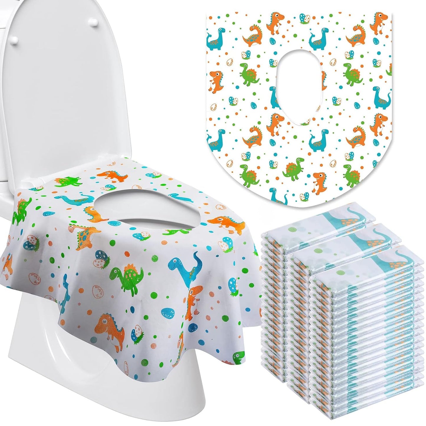 50 Packs Disposable Toilet Seat Covers Extra Large Individually Wrapped for Kids and Adults, Portable Non Slip Waterproof Potty Seat Covers for Toddlers Potty Training, Travel (Dinosaur)