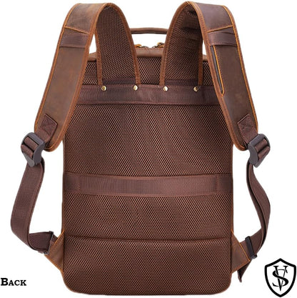 STAR VISTA Angelo 17.3" Vintage Full Grain Leather Laptop Backpack for Men, Multi Pockets, Casual Outdoor Business Travel Rucksack, YKK Zippers, Dark Brown