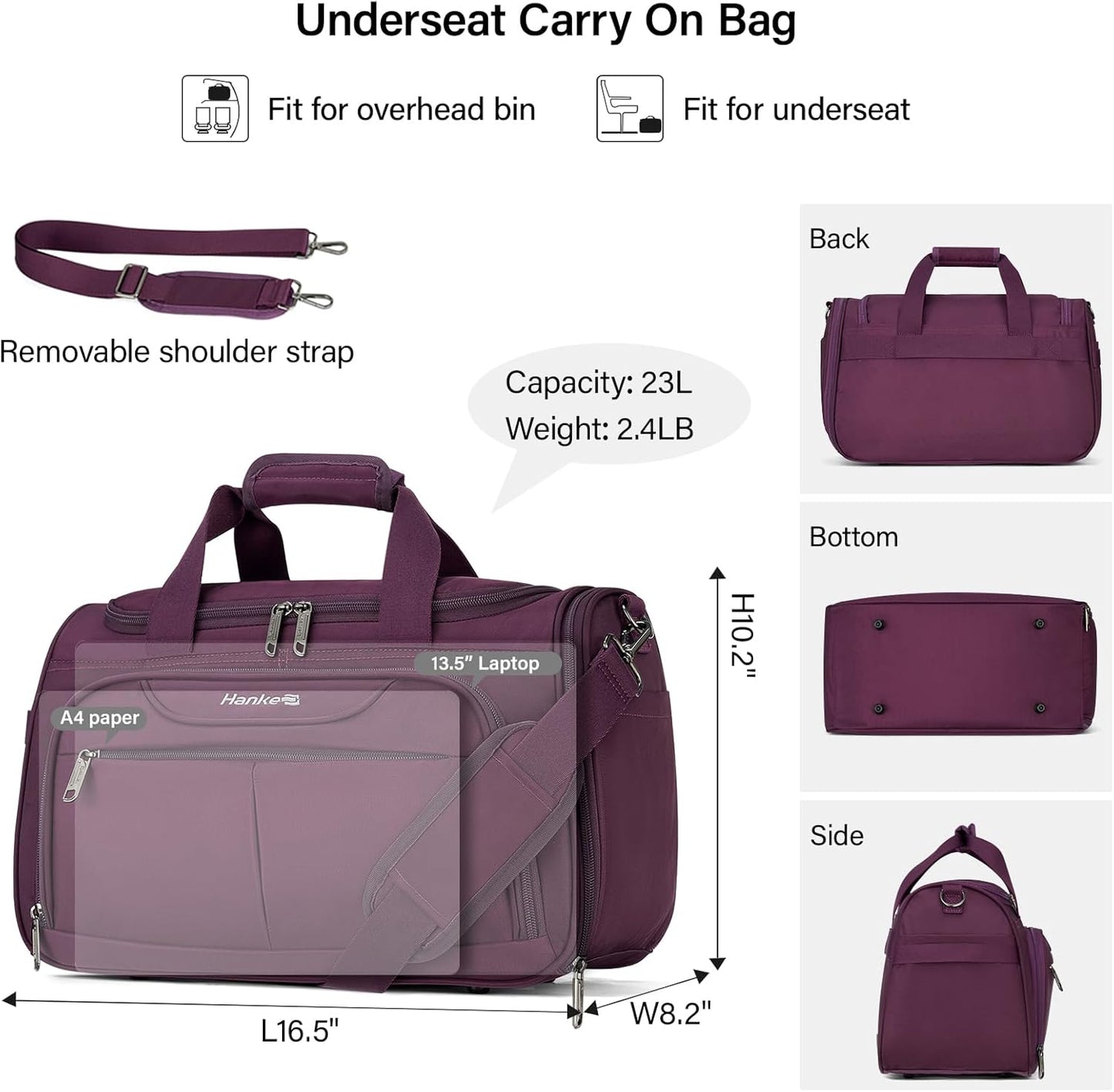Hanke Underseat Carry On luggage Bags for Travel, Foldable Travel Bags for Women, Soft Lightweight Personal Item Travel Bag Small Carry On Bags for Airplanes, Travel Tote Bags for Women Men.（Purple）