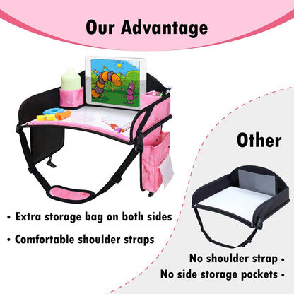 Kids Travel Tray, Car Seat Tray for kids Travel, Toddler Road Trip Essentials With Drawing Kit, Toddler Lap Desk Organizer for Car, Carseat Table for Airplane